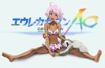  1girl ahoge barefoot braid breasts dark-skinned_female dark_skin elena_peoples eureka_seven_(series) eureka_seven_ao full_body hair_ornament hairclip highres looking_at_viewer navel okken open_mouth pink_hair purple_eyes short_hair smile soles swimsuit 