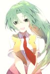  1girl :d blush breasts collared_shirt colored_eyelashes commentary_request cowboy_shot eyelashes eyes_visible_through_hair floating_hair green_eyes green_hair hair_between_eyes happy high_ponytail highres higurashi_no_naku_koro_ni large_breasts long_hair looking_at_viewer necktie open_clothes open_mouth open_vest parted_bangs ponytail red_necktie red_skirt shirt short_sleeves simple_background skirt smile solo sonozaki_mion straight-on suzuragi_karin teeth upper_teeth_only v_arms very_long_hair vest white_background white_shirt yellow_vest 