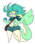 anthro berry blue_eyes bottomwear clothing food fruit generation_5_pokemon green_body green_hair hair hi_res huckleberry_(lewdchuu) lewdchuu_(artist) male nintendo plant pokemon pokemon_(species) scarf shorts simple_background snivy solo tail white_background