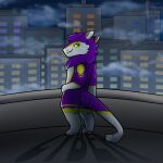 1:1 absurd_res ambiguous_gender anthro city city_background cloud digitigrade female_(lore) fur green_eyes hair hand_on_hip hi_res long_hair looking_back mauve_(mauvedash) multicolored_body purple_body purple_fur sergal solo tagme tail tail_tuft toffee_creation tuft yellow_body yellow_fur