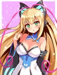  1girl antenna_hair azure_striker_gunvolt bare_shoulders black_sleeves blonde_hair blush breasts butterfly_hair_ornament cleavage cougar_(cougar1404) dress green_eyes hair_ornament idol large_breasts long_hair long_sleeves lumen_(gunvolt) pink_background pink_hair solo strapless strapless_dress very_long_hair white_dress wide_sleeves 