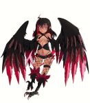  1girl alternate_color alternate_design alternate_skin_color bare_shoulders bird_legs black_feathers black_hair black_wings blush breasts colored_inner_hair commentary dark-skinned_female dark_skin english_commentary feathered_wings feathers fishnet_pantyhose fishnets harpy highres lightning_bolt_earrings looking_at_viewer midriff monster_girl monster_girl_encyclopedia multicolored_hair navel nuggets_(cokekock) original pantyhose pink_eyes pointy_ears red_feathers red_hair red_wings short_shorts shorts simple_background small_breasts solo talons thunderbird_(monster_girl_encyclopedia) two-tone_hair two-tone_wings white_background winged_arms wings 