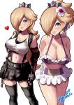  1girl bare_shoulders bikini bikini_skirt black_gloves black_skirt black_thighhighs black_undershirt blonde_hair blue_eyes breasts cleavage collarbone cosplay crown earrings final_fantasy final_fantasy_vii final_fantasy_vii_rebirth final_fantasy_vii_remake fingerless_gloves flower frilled_bikini frills gloves hair_flower hair_ornament hair_over_one_eye heart high_ponytail highres jewelry large_breasts long_hair looking_at_viewer mario_(series) navel purple_bikini rosalina side-tie_bikini_bottom signature simple_background skirt star_(symbol) star_earrings super_mario_galaxy swimsuit tank_top thighhighs thong_bikini tifa_lockhart tifa_lockhart_(cosplay) tifa_lockhart_(shining_spirit)_cosplay toggy_keiichi white_background white_bikini white_tank_top 