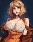  1girl ashley_graham blonde_hair bra breasts breasts_out brown_coat cleavage clothes_pull coat curtained_hair flashing green_eyes highres large_areolae large_breasts lingerie lipstick looking_to_the_side magaska19 makeup narrow_waist nipples off_shoulder open_clothes open_coat orange_sweater paid_reward_available red_lips resident_evil resident_evil_4 resident_evil_4_(remake) ribbed_sweater see-through_bra short_hair sleeveless sleeveless_sweater solo sweater sweater_pull trench_coat underwear white_bra 