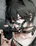  1boy animal_ears ayn_alwyn belt_collar black_collar black_gloves black_hair black_tank_top cat_boy cat_ears collar collarbone extra_ears fangs fingerless_gloves fishnet_top fishnets gloves hair_between_eyes hand_up indoors kemonomimi_mode looking_at_viewer lovebrush_chronicles male_focus muzzle open_hand open_mouth red_eyes red_tank_top short_hair sideways_glance sixianglaolong875 sleeveless solo tank_top tearing_up teeth upper_body v-shaped_eyebrows weibo_logo weibo_username 