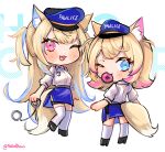  2girls animal_ear_fluff animal_ears black_footwear blonde_hair blue_eyes blue_hair blue_headwear blue_skirt chibi cuffs doughnut food full_body fuwamoco fuwawa_abyssgard handcuffs hat highres hololive hololive_english long_hair looking_at_viewer mococo_abyssgard mouth_hold multicolored_hair multiple_girls one_eye_closed peaked_cap pink_eyes pink_hair police police_uniform shibedraws shirt siblings sisters skirt smile socks streaked_hair tail twins twitter_username uniform virtual_youtuber white_background white_shirt white_socks 
