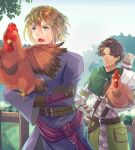  2boys animal armor arrow_(projectile) belt bird black_gloves blonde_hair brown_eyes brown_hair character_request chicken cloak commentary_request curtained_hair gloves green_cloak green_eyes hair_between_eyes hand_on_own_hip holding holding_animal jewelry looking_ahead looking_at_another male_focus multiple_boys open_mouth outdoors pauldrons purple_robe ring riou_(pooh920) robe scabbard scale_armor sheath short_hair shoulder_armor single_pauldron sky tree unicorn_overlord upper_body 