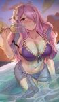  1girl bikini blush breasts camilla_(fire_emblem) camilla_(summer)_(fire_emblem) cleavage closed_mouth cloud collarbone cup fire_emblem fire_emblem_fates fire_emblem_heroes flower glass hair_flower hair_ornament hair_over_one_eye hibiscus holding holding_cup ippers large_breasts long_hair looking_at_viewer navel official_alternate_costume orange_sky outdoors pouring pouring_onto_self purple_bikini purple_eyes purple_hair purple_nails purple_sarong sarong see-through_sarong sky smile solo sunset swimsuit very_long_hair wading water white_flower 