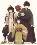  1boy 1girl 1other ahoge black_hair blue_kimono book braid closed_eyes closed_mouth crimson_codex_(fate) fate/samurai_remnant fate_(series) food food_on_face green_kimono grimoire hakama hand_on_own_knee highres holding holding_food japanese_clothes katana kimono kneeling long_hair long_sleeves medal mijinko_yudeta miyamoto_iori_(fate) obi ogasawara_kaya rice sandals sash shamoji short_hair simple_background smile sword weapon wide_sleeves yamato_takeru_(fate) 