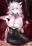  1girl aegyo_sal ahoge alternate_costume animal_ears bare_shoulders black_leotard black_pantyhose blurry blurry_background blurry_foreground breasts cleavage collarbone detached_collar fake_animal_ears fate/grand_order fate_(series) grey_hair hand_up highres jeanne_d&#039;arc_alter_(fate) large_breasts leotard long_hair looking_at_viewer neck_ribbon orange_hair pantyhose playboy_bunny rabbit_ears red_nails red_ribbon ri_o_ne_su ribbon sitting slit_pupils solo very_long_hair 