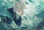  1boy black_shirt chromatic_aberration closed_mouth crying from_side grass hand_up highres kotorino_mabuta leaf long_sleeves male_focus nature original outdoors plant profile shirt short_hair signature solo tears upper_body white_hair 