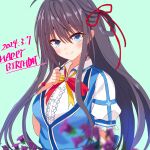  1girl 2024 aqua_eyes arm_at_side black_hair blue_vest blurry blush center_frills closed_mouth collared_shirt commentary_request dated depth_of_field floating_hair floral_flowlove flower frills green_background hair_between_eyes hair_ribbon hand_up happy_birthday long_hair looking_at_viewer neck_ribbon one_side_up puffy_short_sleeves puffy_sleeves purple_flower red_ribbon ribbon sakuratoru school_uniform shirt short_sleeves simple_background smile solo split_mouth straight_hair tokisaka_nanao tsurime upper_body very_long_hair vest white_shirt yellow_ribbon 