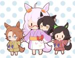  4girls ahoge animal_ears biwa_hayahide_(umamusume) black_hair blue_eyes blush_stickers brown_footwear brown_hair brown_shorts chibi glasses gomashio_(goma_feet) grey_hair hair_between_eyes hair_ornament hairclip holding_hands horse_ears horse_girl horse_tail japanese_clothes jitome kimono long_hair mouth_hold multiple_girls narita_brian_(umamusume) narita_taishin_(umamusume) parted_bangs pink_kimono polka_dot polka_dot_background red-framed_eyewear sandals semi-rimless_eyewear shorts simple_background stalk_in_mouth standing swept_bangs tail umamusume under-rim_eyewear very_long_hair white_background white_kimono winning_ticket_(umamusume) yellow_eyes zouri |_| 