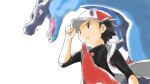  1boy adjusting_clothes adjusting_headwear arm_at_side baseball_cap black_eyes black_hair black_shirt blue_fire breath_weapon breathing_fire bright_pupils charizard closed_mouth commentary covered_collarbone dragon fangs fire from_side hand_up hat jacket koma_sk long_sleeves male_focus mega_charizard_x mega_pokemon open_mouth pokemon pokemon_(creature) pokemon_masters_ex red_(pokemon) red_eyes red_headwear red_jacket serious shirt short_hair simple_background sleeveless sleeveless_jacket standing tongue upper_body v-shaped_eyebrows white_background white_pupils 