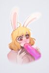 absurd_res anthro blonde_hair blush bodily_fluids carrot_(one_piece) digital_media_(artwork) erection female fur genital_fluids genitals hair hi_res lagomorph leporid mammal minkmen_(one_piece) mycrys nude one_piece penis rabbit simple_background sketch solo tagme white_body white_fur