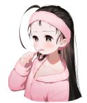  1girl black_hair blush brushing_teeth collarbone commentary_request cropped_torso forehead grey_eyes hand_up highres holding holding_toothbrush jacket long_hair long_sleeves meito_(maze) open_mouth original pink_jacket simple_background solo toothbrush upper_body white_background 