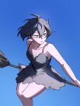  1girl :o bare_arms black_clover black_dress black_hair black_horns blue_background bob_cut breasts broom broom_riding cleavage dress feathers highres horns open_mouth poonwip red_eyes secre_swallowtail short_hair simple_background solo 