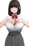  1girl black_hair blue_eyes bow bowtie breasts cleavage collared_shirt commentary_request dress_shirt grey_background grey_skirt hands_up highres large_breasts looking_at_viewer medium_hair open_clothes open_shirt original parted_lips partially_unbuttoned pleated_skirt red_bow red_bowtie school_uniform senju_(snz0) shirt shirt_tucked_in short_sleeves simple_background skirt solo 