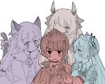  animal_ears blunt_ends butterfly_hair_ornament cape cat_ears clone hair_ornament heaven_burns_red highres horns long_hair multiple_girls natsume_inori ogasawara_hisame ponytail ribbon twintails u_yufei white_background white_hair yuri 