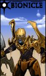  1boy absurdres bionicle blue_eyes blue_skin clenched_hand cloud colored_skin cowboy_shot english_commentary glowing glowing_eyes great_spirit_robot highres holding holding_weapon humanization kanohi_(bionicle) looking_at_viewer male_focus mask mata_nui_(toa)_(bionicle) mecha moon one-punch_man open_mouth robot sky specter_l the_lego_group weapon 