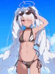  1girl armpits bikini black_bikini black_gloves black_tail blue_archive breasts cowboy_shot dark-skinned_female dark_skin day demon_tail eyewear_on_head gloves grey_hair halkawa501 halo highres iori_(blue_archive) iori_(swimsuit)_(blue_archive) long_hair navel official_alternate_costume outdoors pointy_ears purple_halo red_eyes small_breasts solo sunglasses swimsuit tail 