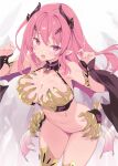  1girl bare_shoulders blade_(galaxist) blush breasts brooch cleavage fang hair_between_eyes highres horns jewelry large_breasts long_hair looking_at_viewer navel open_mouth original pink_eyes pink_hair pink_nails pointy_ears skin_fang solo thighs 
