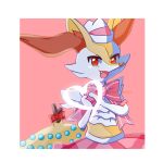  1girl animal_ear_fluff animal_ears animal_nose artist_name ascot body_fur border bow bowtie braixen clothed_pokemon commentary fang fox_ears fox_girl fox_tail furry furry_female hands_up happy hat heart heart_hands looking_at_viewer open_mouth pink_background pink_bow pink_bowtie pink_skirt pokemon pokemon_(creature) porkpie_hat red_bow red_eyes signature simple_background skirt smile snout solo standing stick tail tail_ornament twitter_username two-tone_fur ume_musubi upper_body white_ascot white_border white_fur white_headwear yellow_fur 