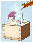  1girl :d bath bathing blush bocchi_the_rock! bottle closed_eyes fang hair_bun hiroi_kikuri nude oversized_object pouring purple_hair smile solo steam torako_(toramaru) wet 