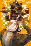 2:3 abstract_background anthro antlers apode apron artist_name beverage breasts brown_body brown_hair burger checkered_background clothed clothing commissioner_name dessert draconcopode english_text fangs female food fries hair hi_res hogara holding_food holding_object holding_tray horn ice_cream inner_ear_fluff legless long_tail looking_at_viewer milkshake orange_background pastry pattern_background pattern_clothing pattern_topwear pie pupils purple_clothing purple_topwear reptile ruff scales scalie serpentine serving_tray signature simple_background slit_pupils smile snake solo split_form striped_clothing striped_topwear stripes tail teeth text tongue tongue_out topwear tuft waiter white_apron