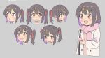  1girl :d :o black_hair blush brown_eyes coat commentary dot_nose expressions grey_background hair_between_eyes hair_ornament hair_ribbon hairclip holding holding_phone light_blush long_sleeves medium_hair multicolored_hair multiple_views onii-chan_wa_oshimai! open_mouth oyama_mihari phone pink_scarf purple_hair red_ribbon ribbon scarf sfm_zhang simple_background smile twintails two-tone_hair wavy_mouth white_coat 