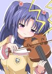  1girl blazer blue_background blue_hair blush bow_(music) clannad closed_mouth commentary hair_bobbles hair_ornament half-closed_eyes hands_up happy head_tilt highres hikarizaka_private_high_school_uniform holding holding_bow_(music) holding_instrument ichinose_kotomi instrument jacket long_hair long_sleeves looking_down music playing_instrument purple_eyes sailor_collar school_uniform serafuku silky_(silky_illust) simple_background smile solo split_mouth two_side_up upper_body violin white_sailor_collar yellow_jacket 