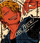  ! 1boy alternate_hairstyle black_eyes blonde_hair commentary_request curly_eyebrows english_text facial_hair hair_over_one_eye highres larugo0513 male_focus one_eye_covered one_piece sanji_(one_piece) short_hair smile solo teeth 
