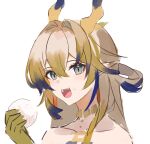  1girl :d arknights bare_shoulders blonde_hair brown_hair colored_skin dragon_girl dragon_horns earrings eating food food_on_face green_eyes hair_between_eyes hair_intakes hand_up holding holding_food horns jewelry looking_at_viewer multico multicolored_hair necklace open_mouth pointy_ears portrait purple_hair rice rice_on_face shu_(arknights) simple_background sketch smile solo unfinished white_background yellow_horns 