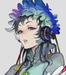  1other androgynous black_hair blue_eyes blue_hair dress feathers gnosia green_hair grey_dress headphones kaifei_(kaifei_29) long_hair long_sleeves looking_at_viewer makeup multicolored_hair raqio solo streaked_hair 