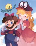  &gt;_&lt; 1boy 1girl absurdres blonde_hair blue_background blue_eyes blue_overalls blush bow brown_hair cappy_(mario) closed_eyes commentary_request dress earrings eyelashes facial_hair flower gloves hair_bow hanaon headwear_switch highres jewelry long_hair mario mario_(series) mustache open_mouth overalls pearl_earrings pink_dress princess_peach puffy_short_sleeves puffy_sleeves red_bow red_headwear red_shirt shirt short_sleeves stella_(peach) super_mario_odyssey sweat white_gloves 