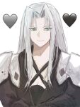  1boy armor black_coat black_gloves coat commentary_request crossed_arms emoji final_fantasy final_fantasy_vii gloves green_eyes grey_hair happy heart heart_emoji high_collar highres light_smile long_bangs long_hair long_sleeves looking_to_the_side male_focus open_clothes open_coat parted_bangs pauldrons plamt_cat sephiroth shoulder_armor simple_background slit_pupils solo upper_body white_background 