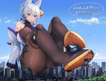  1girl absurdres animal_ear_fluff animal_ears bell blue_eyes bodysuit breasts chinese_clothes city destruction footjob forest fox_girl full_body giant giantess hair_bell hair_ornament highres large_breasts long_hair natsukaze_shigure nature original outdoors sky solo thighhighs tokyo_tower white_hair 