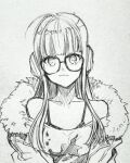  1girl ahoge behind-the-head_headphones blunt_bangs closed_mouth fur-trimmed_jacket fur_trim glasses greyscale headphones highres jacket long_hair looking_at_viewer monochrome murata_tefu off_shoulder persona persona_5 sakura_futaba shirt simple_background smile solo white_background 