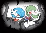  alternate_color black_dress black_gloves blue_hair bob_cut closed_eyes dress elbow_gloves envi55109095 gardevoir gloves green_hair hair_over_one_eye highres mega_gardevoir open_mouth plant pokemon pokemon_(creature) restrained shiny_pokemon strapless strapless_dress vines white_dress 