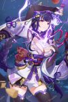  1girl absurdres braid breasts cleavage drawing_sword electricity genshin_impact hair_ornament highres holding holding_sword holding_weapon human_scabbard japanese_clothes kimono large_breasts libero_art long_hair looking_at_viewer mole mole_under_eye musou_isshin_(genshin_impact) obi purple_eyes purple_hair purple_kimono purple_nails raiden_shogun sash smile solo sword sword_between_breasts weapon 