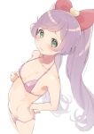  1girl absurdres bikini blush bow breasts commentary cowboy_shot from_above green_eyes hair_bow hand_on_own_hip highres hyakumangoku_masurao long_hair looking_at_viewer manaka_laala navel pretty_series pripara purple_bikini purple_hair red_bow simple_background small_breasts solo stomach sweat swimsuit twintails very_long_hair white_background 