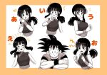  1boy 1girl :d blush chi-chi_(dragon_ball) china_dress chinese_clothes closed_mouth dougi dragon_ball dragon_ball_z dress einohire0085 expressions heart index_fingers_together long_hair multiple_views open_mouth sleeveless sleeveless_dress smile son_goku spiked_hair teeth upper_body wristband 