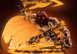  absurdres bionicle black_cape burns_tiger5 cape commission dual_wielding english_commentary fire_emblem fire_emblem_heroes glowing glowing_eyes highres holding holding_sword holding_weapon humanoid_robot kanohi_(bionicle) mask red_eyes robot signature sword tahu_(bionicle) the_lego_group weapon 