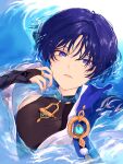  1boy absurdres bishounen genshin_impact highres japanese_clothes looking_at_viewer male_focus open_mouth parted_lips purple_eyes purple_hair scaramouche_(genshin_impact) short_hair skinsuit solo upper_body vision_(genshin_impact) wanderer_(genshin_impact) water wet wet_hair yamabuki_(yamabuki_xxxxx) 