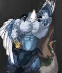 anthro big_musclea bulge canid canine chimera chojuro_kon claws clothing drakei growth hi_res male mammal muscle_growth muscular muscular_male solo torn_clothing wings