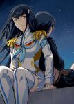  2girls black_hair blush boots breasts hair_ornament hairclip hand_on_own_thigh junketsu kamui_(kill_la_kill) kill_la_kill kiryuuin_satsuki large_breasts leaning_on_person long_hair matoi_ryuuko multiple_girls night night_sky outdoors ren_mizuha senketsu short_hair sky star_(sky) starry_background starry_sky thick_eyebrows thigh_boots 