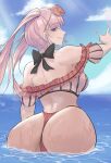  1girl absurdres alternate_costume ass ass_focus bare_shoulders bikini black_bow blue_sky blunt_bangs bow breasts calmgreentori closed_mouth day eyewear_on_head facing_viewer fire_emblem fire_emblem:_three_houses fire_emblem_heroes halterneck hand_up highres hilda_valentine_goneril hilda_valentine_goneril_(summer) huge_ass large_breasts long_hair looking_at_viewer looking_back ocean off-shoulder_bikini off_shoulder official_alternate_costume outdoors partially_submerged pink_bikini pink_eyes pink_hair red-tinted_eyewear round_eyewear sideways_glance sky smile solo striped_bikini striped_clothes sunglasses swimsuit thong thong_bikini tinted_eyewear twintails vertical-striped_bikini vertical-striped_clothes wading wet 