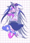  1girl arm_up arm_warmers black_hair choppy_bangs danganronpa_(series) danganronpa_2:_goodbye_despair full_body highres jjkf2874 jumping long_hair looking_at_viewer midair mioda_ibuki multicolored_hair nail_polish navel open_mouth pink_eyes pink_hair purple_hair school_uniform simple_background single_arm_warmer skirt solo streaked_hair thighhighs tongue tongue_out torn_clothes torn_thighhighs very_long_hair 