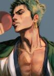  1boy blue_background bottle chonmage close-up commentary drinking earrings green_hair green_kimono highres holding holding_bottle japanese_clothes jewelry kimono kimono_on_shoulders laechos male_focus one_piece roronoa_zoro scar scar_across_eye scar_on_chest sideburns simple_background solo symbol-only_commentary topknot 