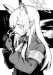  1girl absurdres animal_ears armband blue_archive cigarette commentary_request gloves greyscale halo hayashi_itsuki highres holding holding_lighter kanna_(blue_archive) lighter long_hair long_sleeves monochrome necktie shirt smoking solo translation_request upper_body 